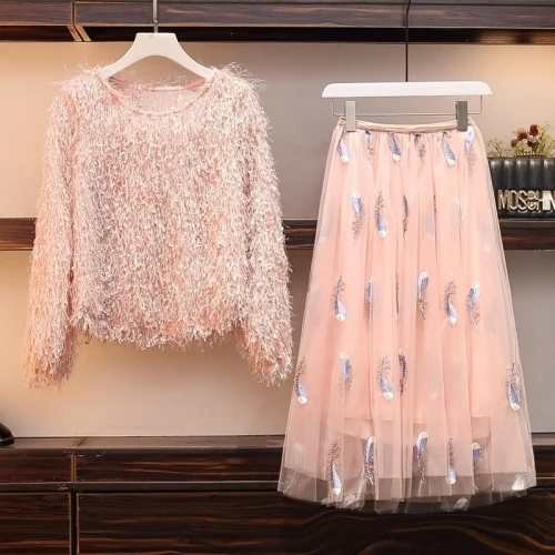 pink Модный комплект из двух предметов, осень, Женский однотонный пуловер с кисточками, топ+ длинная сетчатая юбка с вышивкой из перьев - Цвет: pink