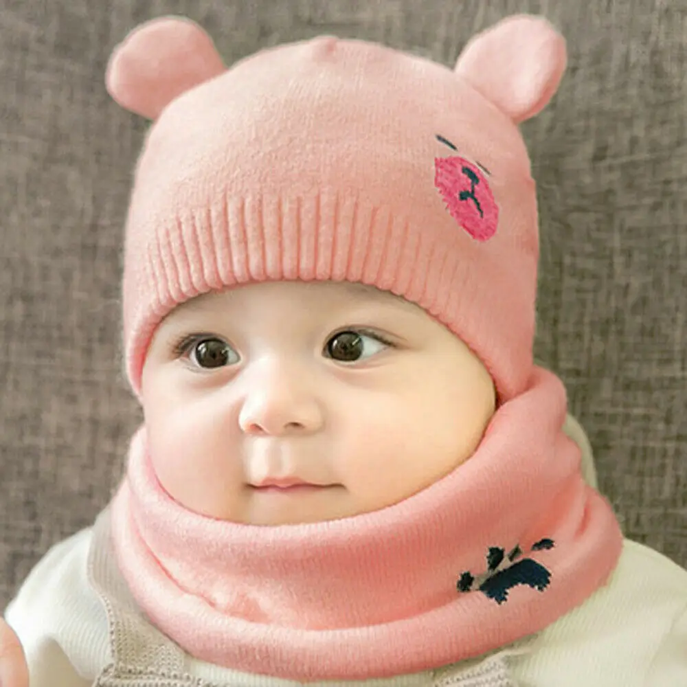 

Newborn Infant Cute Baby Warm Winter Knit Wool Beanie Hat Neckerchief Ski Cap For Boy Girl Bear Print Cartoon Ears
