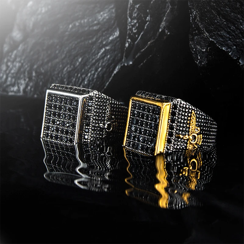 

New Fashion Retro Big Ring Front Square for Men Inlaid Black Stone Crystal Eagle Pattern Ring Accessories Party Jewelry Size8-12