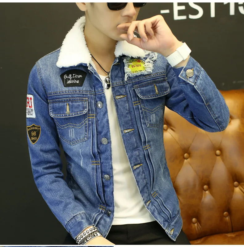 Зимняя мужская одежда, ворсистая и толстая джинсовая куртка, модная, подростковая, в Корейском стиле, приталенная, с отложным воротником, мужская, из берберского флиса, Coa