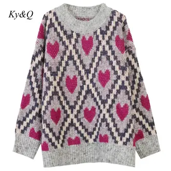 

High Quality Women Fashion Vintage Pullover Winter Christmas Brand Design Diamond Check Heart Embroidered Sweater 2019 Clothes