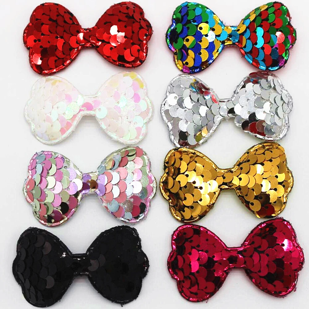 

20PCS 65mmx42mm multi-color reversible bow sequins patch hairpin sparkles DIY crafts decoration mixed cloth paste