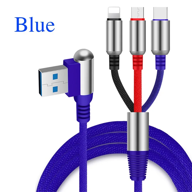 NOHON 3 в 1 пуля USB кабель для зарядки мобильного телефона type-C Micro USB 90 градусов 2.4A USB зарядное устройство Шнур для iPhone 11 Pro Max - Цвет: Синий