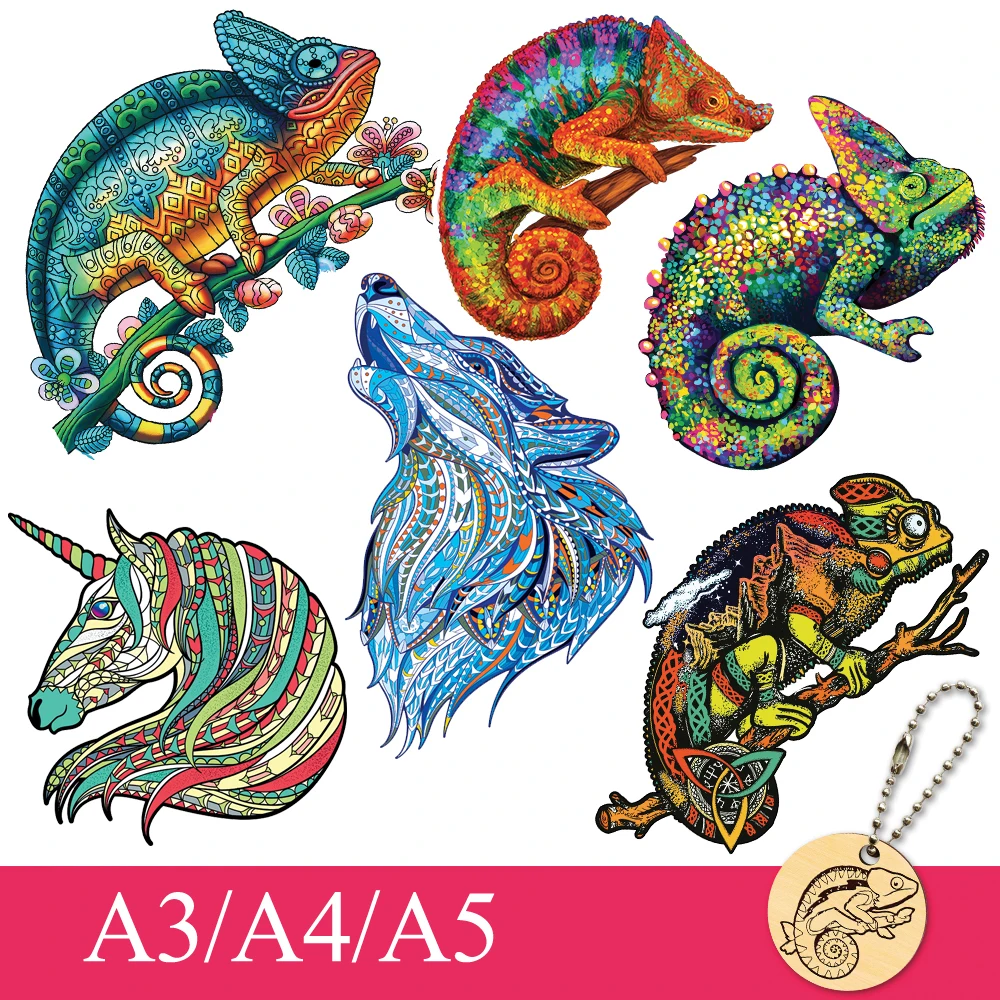 Unique Wooden Jigsaw Puzzle Chameleon Animals Shape Kids Puzzle Educational Toys Wood DIY Crafts Gifts Puzzle Games For Adult