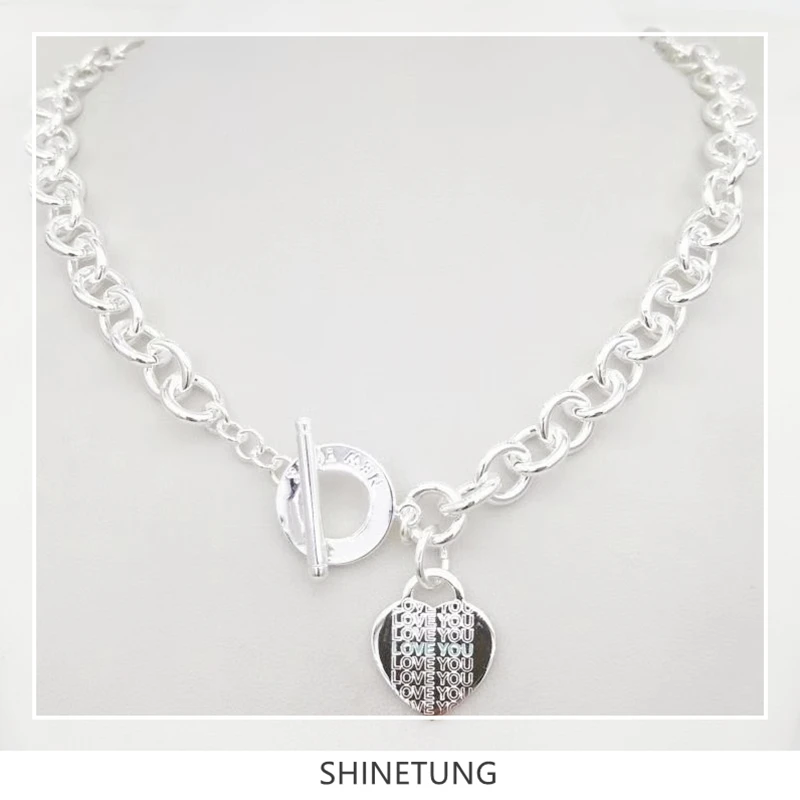 

SHINETUNG Original Logo 100% S925 Sterling Silver Necklace LOVE Heart Tag Trendy Necklace For Women Gift Fashional Jewelry