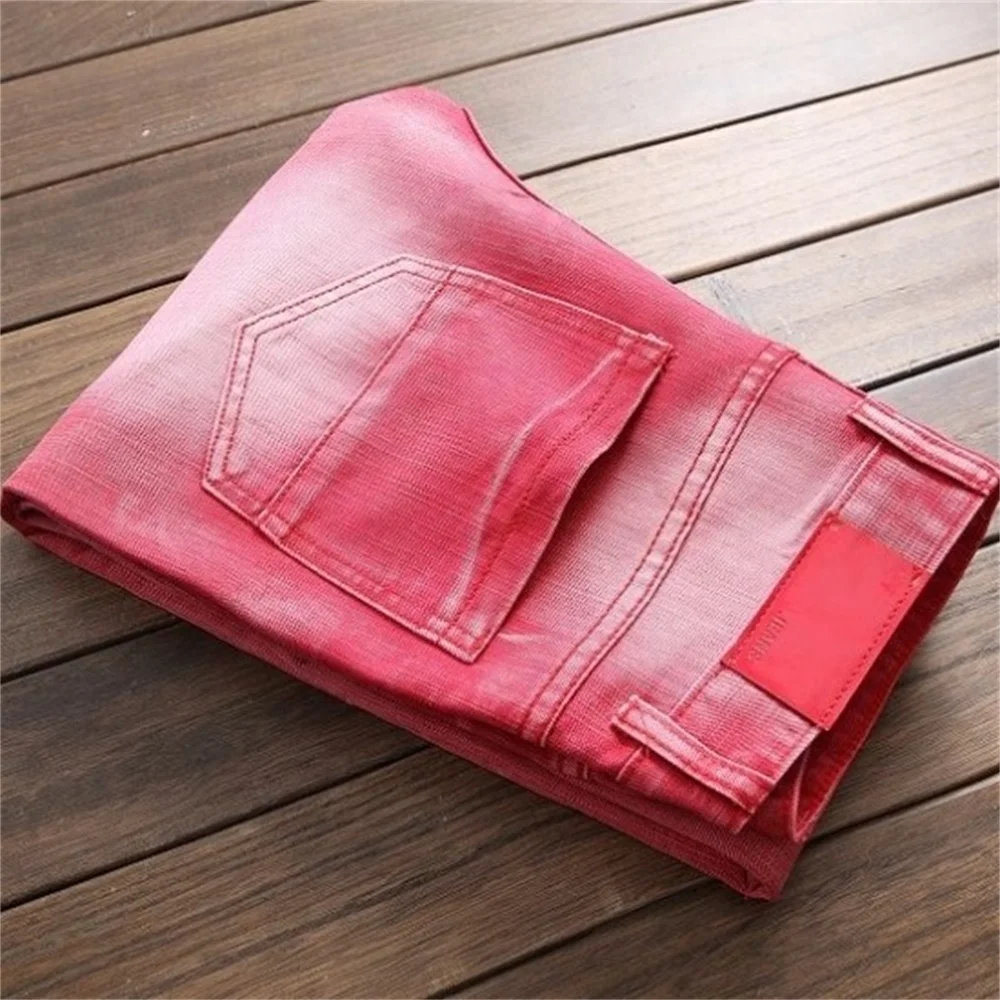EH · MD® Pleated Hole Patch Red Jeans Men's Cotton Soft Small Straight High Street Personalized Slim Pants Motorcycle 2020 New