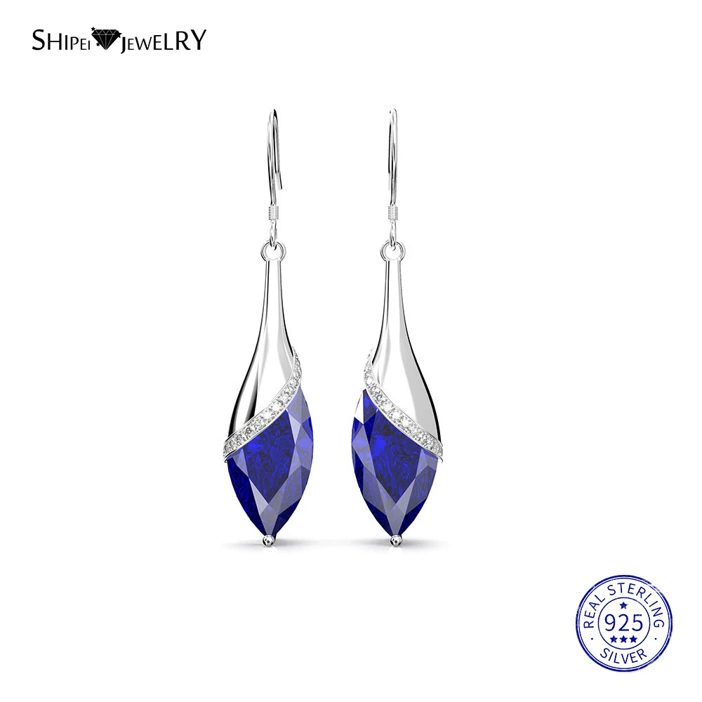 Shiepei Blue Sapphire Earrings for Women 925 Sterling Silver Natural Sapphire Drop Earrings Wedding Birthday Gift
