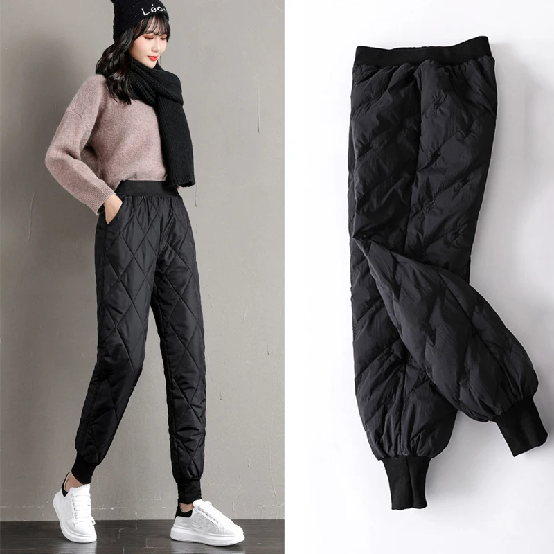 

Winter Warm Down Cotton Pants for Women Padded Quilted Trousers Elastic Waist Casual Trousers Streetwear