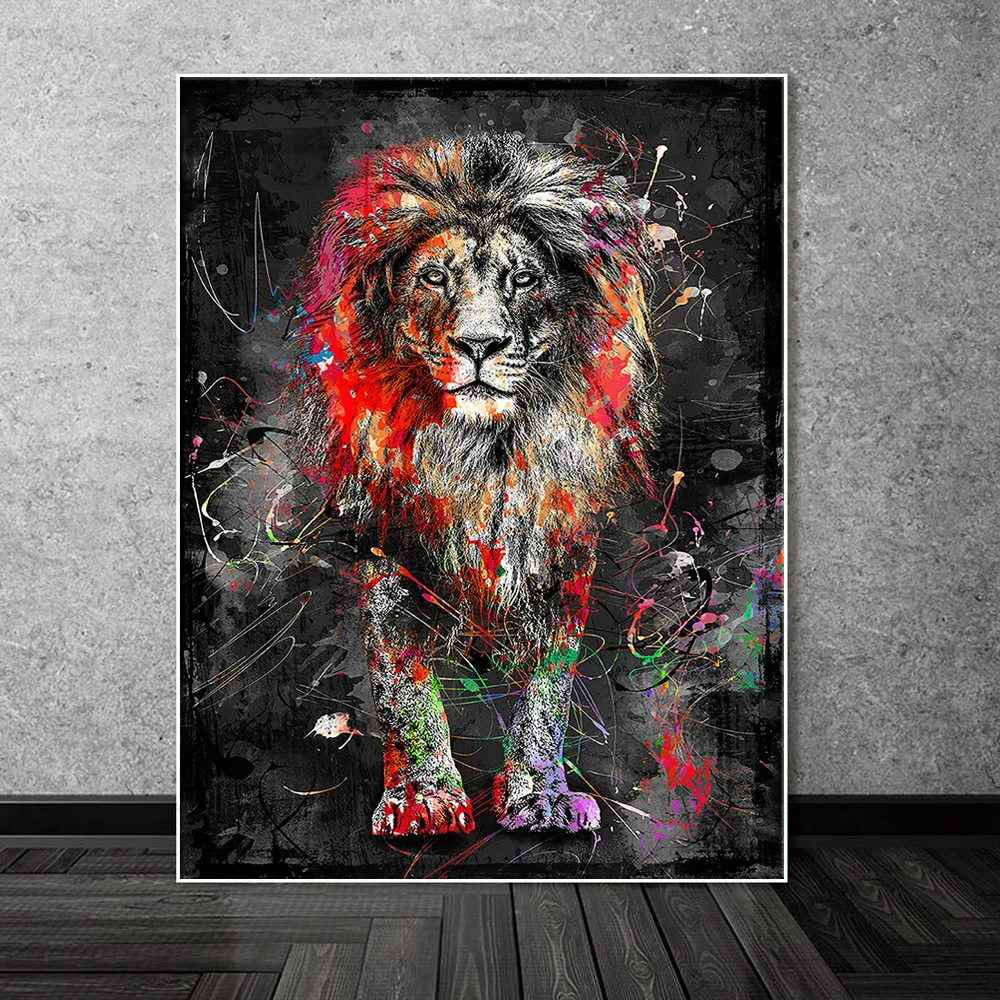 抽象的なライオンのキャンバスアートポスターとプリント落書きアート動物の絵画壁の装飾アートの写真リビングルームのcuadro