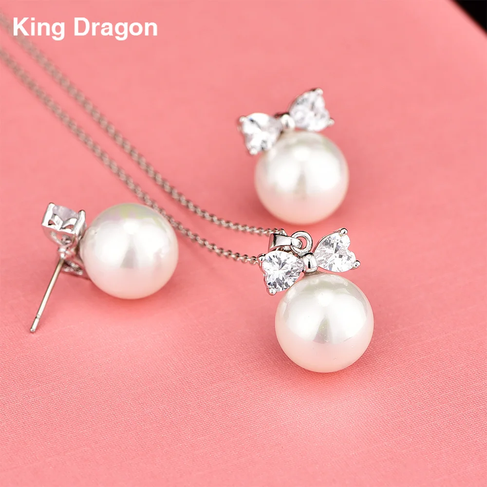 

Gorgeous Pearl Cubic Zirconia Necklace Earrings Sets White Gold Color For Women Anniversary Jewelry Adjustable Chain CZS-8025