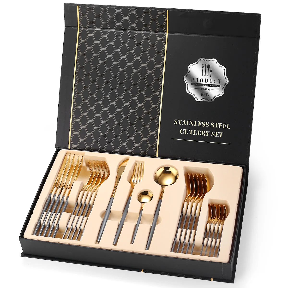 PROD 1005002271268566 24pcs Grey Gold Cutlery Set Stainless Steel
Mirror Kitchen Dinnerware Set Knife Fork Coffee Spoon Tableware Set
Upscale Gift Box