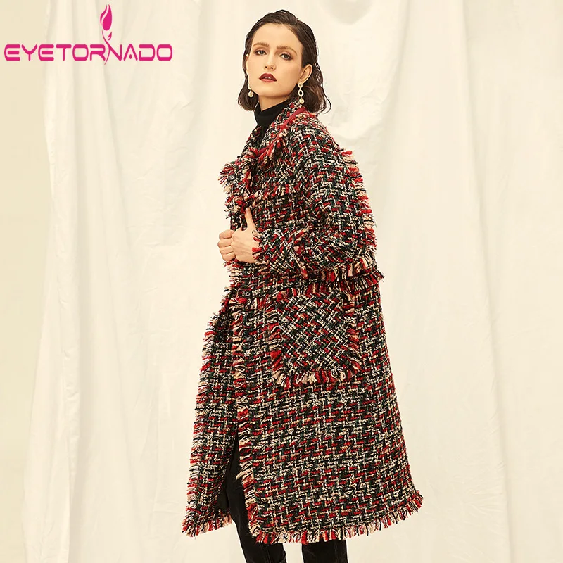 

Designer Long Wool Tweed Coat Long Sleeve Fringed Tassel Tweed Jacket Women Pockets Elegant Loose Work Office Woolen Blazer
