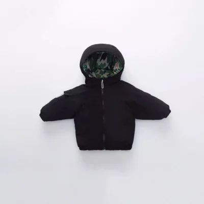 Детский пуховик для детей 4-8 лет, двусторонняя Детская куртка с принтом, плотная куртка с капюшоном для маленьких мальчиков и девочек - Цвет: Черный