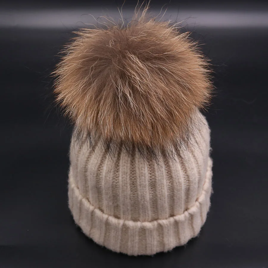 Зимняя женская винтажная вязаная шапка Skullies, женская теплая шерстяная Круглая Шапочка, шапки с настоящим помпон из меха енота Gorro, Лыжные шапки для девочек, новинка