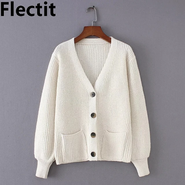 US $13.43 Flectit Cozy Ribbed Knit Cardigan Women V-neck Front Pocket Button Down Dropped Long Sleeve Korean 