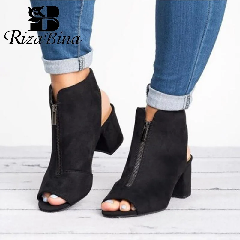 

RIZABINA Summer Sandals For Woman Zipper Peep Toe Square High Heels Shoes Daily Club Office Ladies Footwear Women Size 34-43
