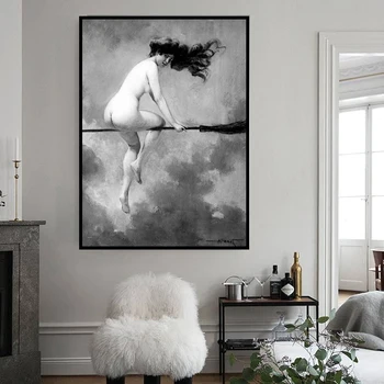 

Witch Riding Broom Retro Poster Wall Art Canvas Print Canvas Painting Gothic Mystery Halloween Wall Decoration