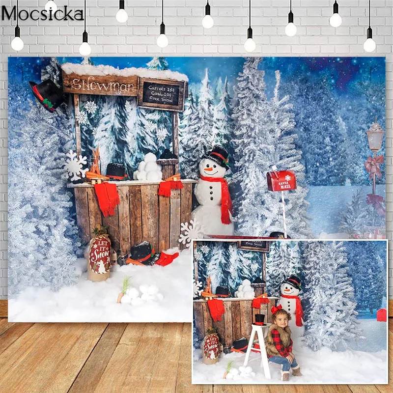 

Mocsicka Christmas Winter Snow Photography Backdrops Pine Tree Snowman Decoration Photo Props Studio Booth Background