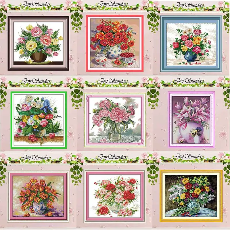 Cross Stitch Kit Rose Orchid Lily Tulip Poppy flower vase 11CT 14CT Cross Stitch Sets DIY Cross-stitch Kits Embroidery Needlework Home Decor