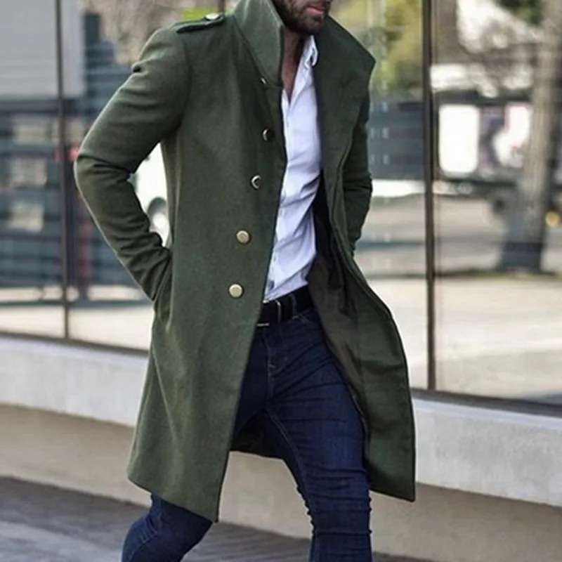 Мужское пальто, Тренч, пальто, мужская куртка, тонкий, сплошной цвет, дикая, стоячий воротник, однобортный, длинный Тренч, куртка, повседневное пальто