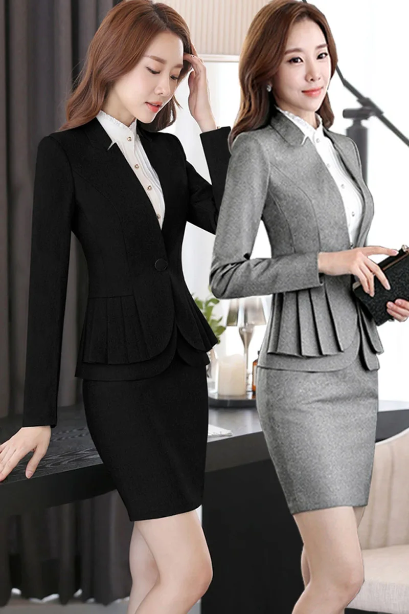 Autumn Winter Long-Sleeve Office Lady Blazer Set Woman Suits Lady Suit Office Pant Uniforms For Womens Suits Set 2 Pieces Skirt