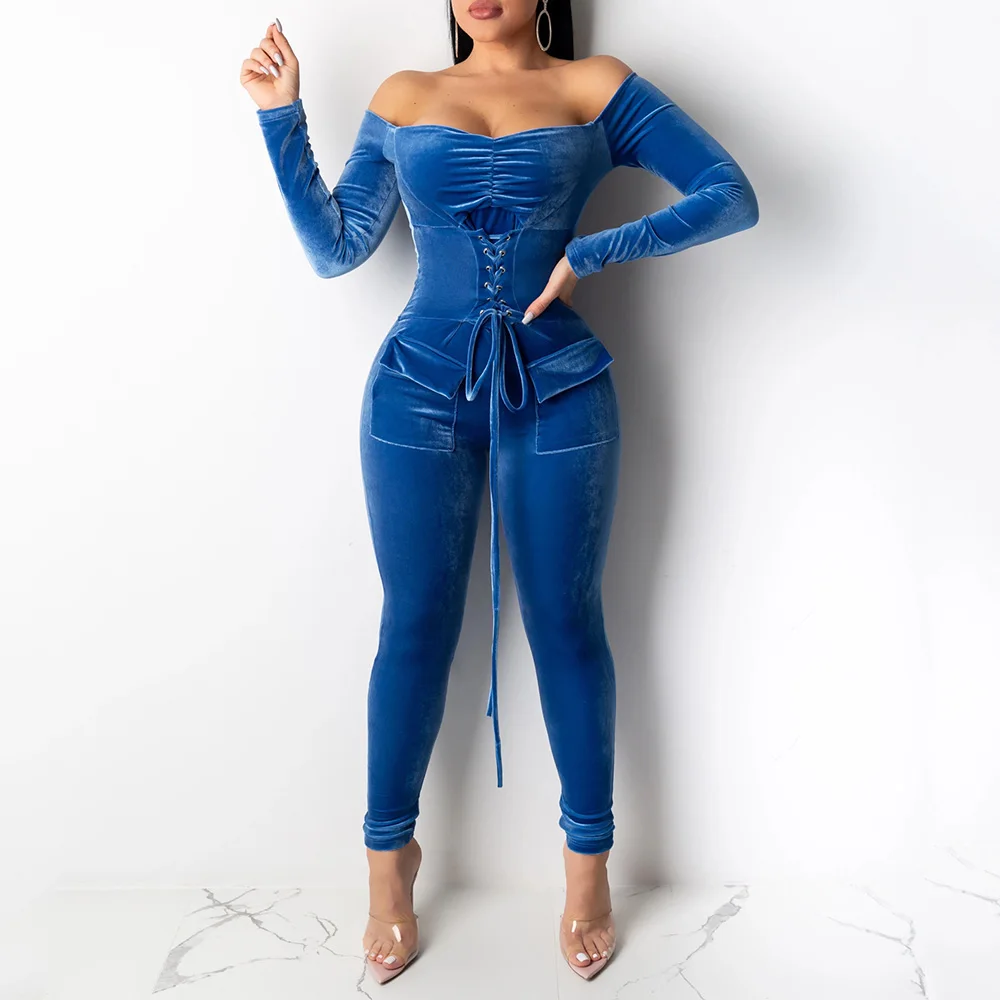 

Off Shoulder Velvet Sexy Long Jumpsuit Women Long Sleeve High Waist Tunic Tight Jumpsuit Party Night Club Rompers Vintage Blue