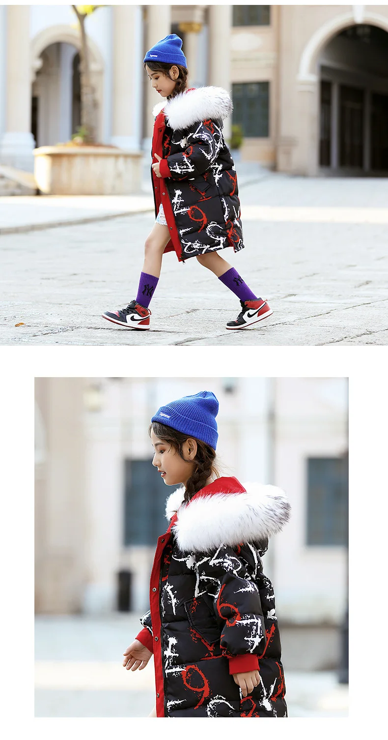 Olekid/ утепленная теплая зимняя куртка для девочек пуховая куртка с капюшоном и рисунком граффити для девочек, От 5 до 14 лет Детское Двустороннее пальто
