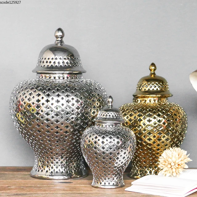 Creative Ceramics Hollow Out Gold Silver Storage Jar Decorative Cans Retro Decorative Crafts Decorative Accessories Candy Jar 2