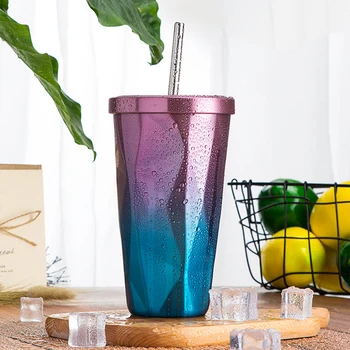 

500ML Fashion Gradient Irregular Stainless Steel Mugs Personality Large Capacity Coffee Tea Cup Drinkware With Straw And Cover