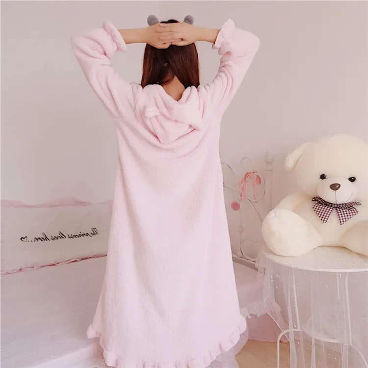 Женская розовая ночная рубашка Kawaii с длинным рукавом, хлопковая рубашка, домашняя одежда, осенне-зимние ночные рубашки с капюшоном, свободная ночная рубашка
