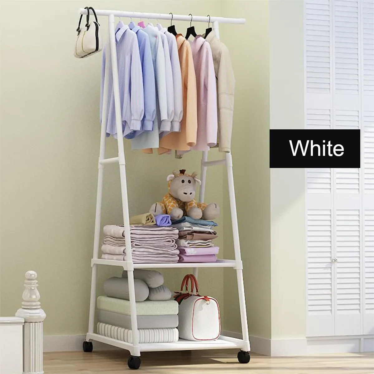 Removable Coat Rack Floor Hanger Shelf Stand with Wheels Multifunction Storage Rack Organizer Garment Clothes Holder Shelves