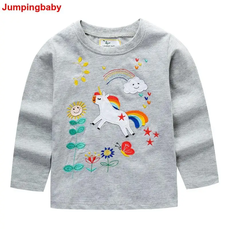 Jumpingbaby/ г. Футболка для девочек топы, одежда для маленьких девочек Футболка koszulka футболки, Vetement Enfant, рубашка в полоску Roupa Menina