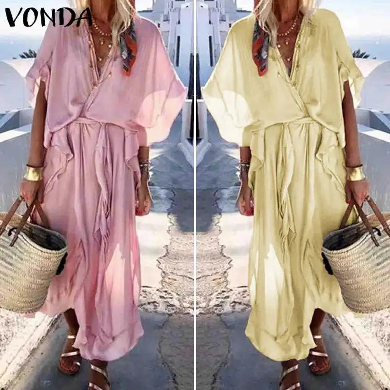 VONDA/платье для беременных; Повседневное Платье макси с v-образным вырезом; богемные платья; летнее однотонное длинное платье; свободные вечерние платья; сарафан для S-5XL