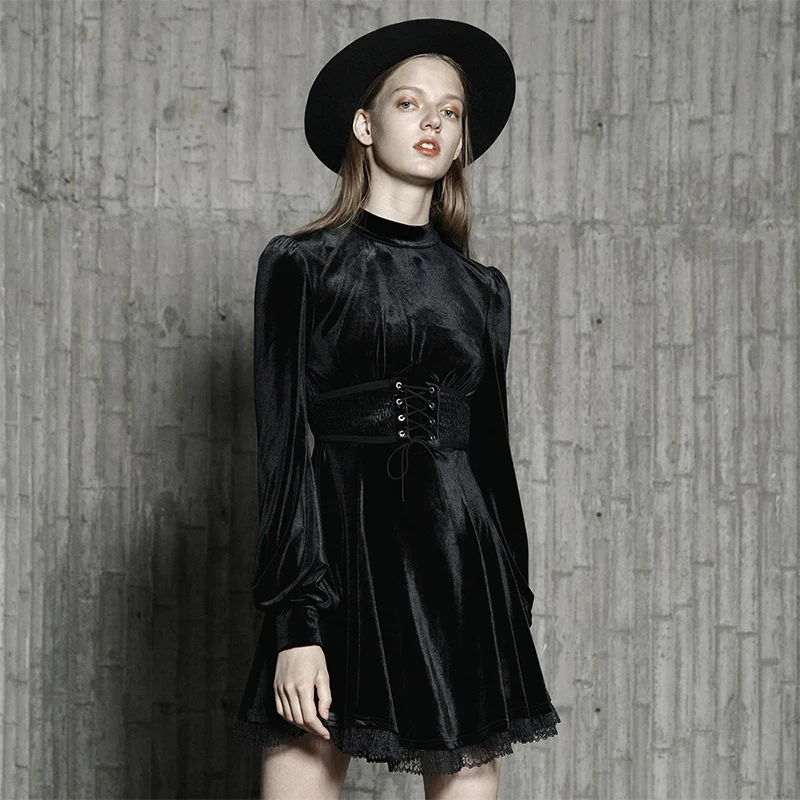 Женское бархатное платье в стиле стимпанк Черное вечернее с высоким воротником и