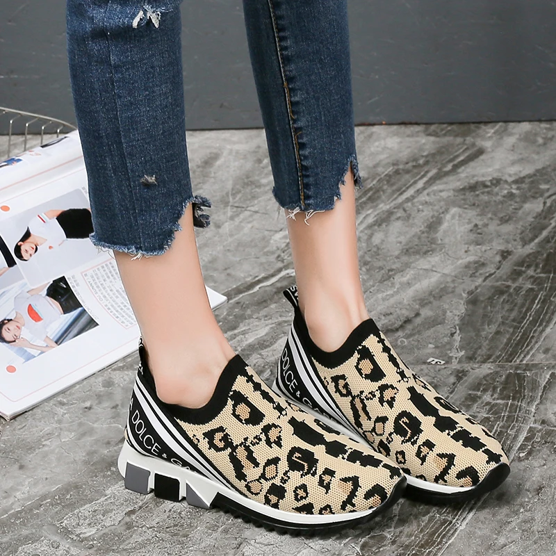 

2019 Autumn New Women Shoes Flat Casual Slip-On Sneakers Breathable Stretch Mesh Socks Shoes White Sneakers