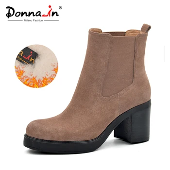 

Donna-in 2020 Winter Women Boots Genuine Leather Ladies Shoes Platform High Heels Chelsea Ankle Boots Fashion Female Booties