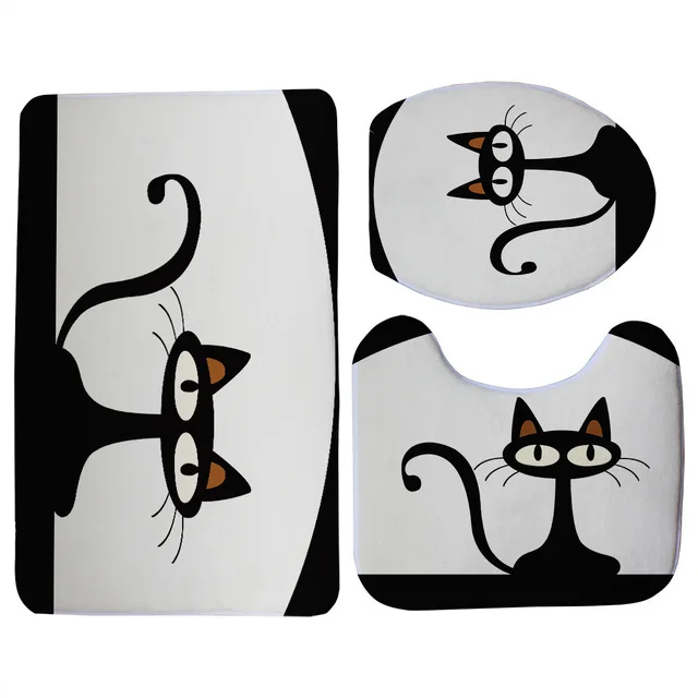 HUGSIDEA 3pcs Cute Black Cat Design Bathroom Toilet Seat Cover and Carpets set Angry Kitty Toilet Lid Cover Door Mat Home Rugs - Color: HMM1146CP