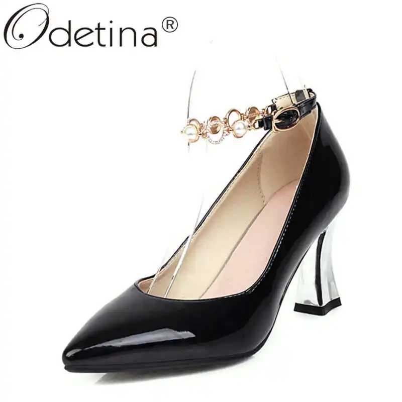

Odetina Women Elegant Pointed Toe Block High Heel Party Shoes Ladies String Bead Buckle Strap Crystal Ankle Strap Wedding Shoes