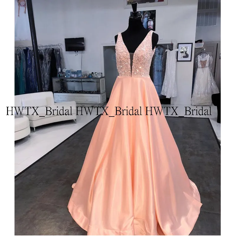HWTX_Bridal на заказ, новинка, вечернее платье, без рукавов, v-образный вырез, расшитое бисером, атласное, а-силуэт, длинное платье для выпускного вечера, Vestidos de fiesta