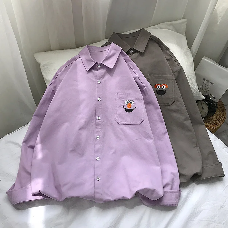 Neploe рубашка с длинным рукавом для мужчин женщин Blusa свободная Осенняя Новая блузка унисекс Улица Сезам Пара рубашка Повседневная мультяшная Вышивка Топ