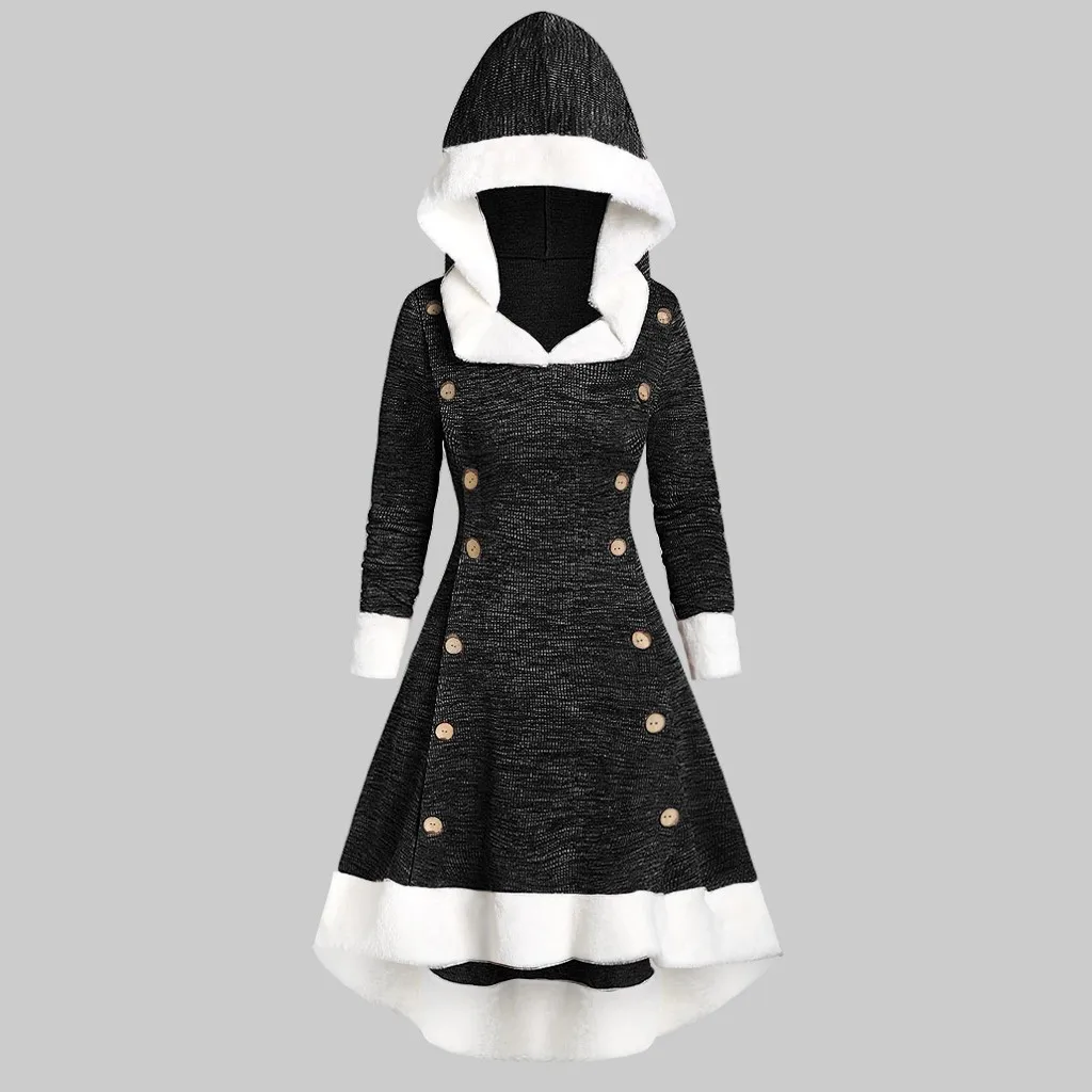 Robe de noel femme, винтажное рождественское платье, женское платье с длинным рукавом, на бретельках, на пуговицах, с капюшоном, с высокой талией, миди, платье navidad@ 40