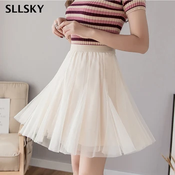 

SLLSKY Solid Mesh Mini Ball gown skirt Women Summer High elastic waist Fairy skirt Slim Fashion Sweet Chic Elegant Lovely skirt