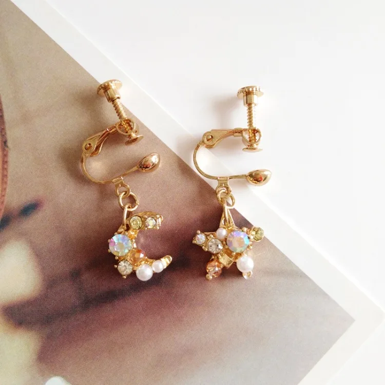 Clip Earrings Асимметричные полностью Стразы, лунные клипсы, искусственный жемчуг, звезда, роскошные свадебные серьги, кубический цирконий - Окраска металла: Clip Earrings