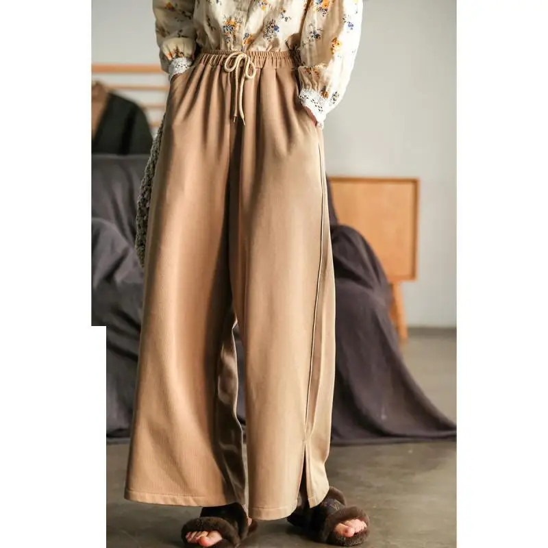 

2023 Autumn New Simple Retro Khaki Literary Wide Leg Pants High Waist Slimming Casual Loose Fashion Women Trousers Free Shipping