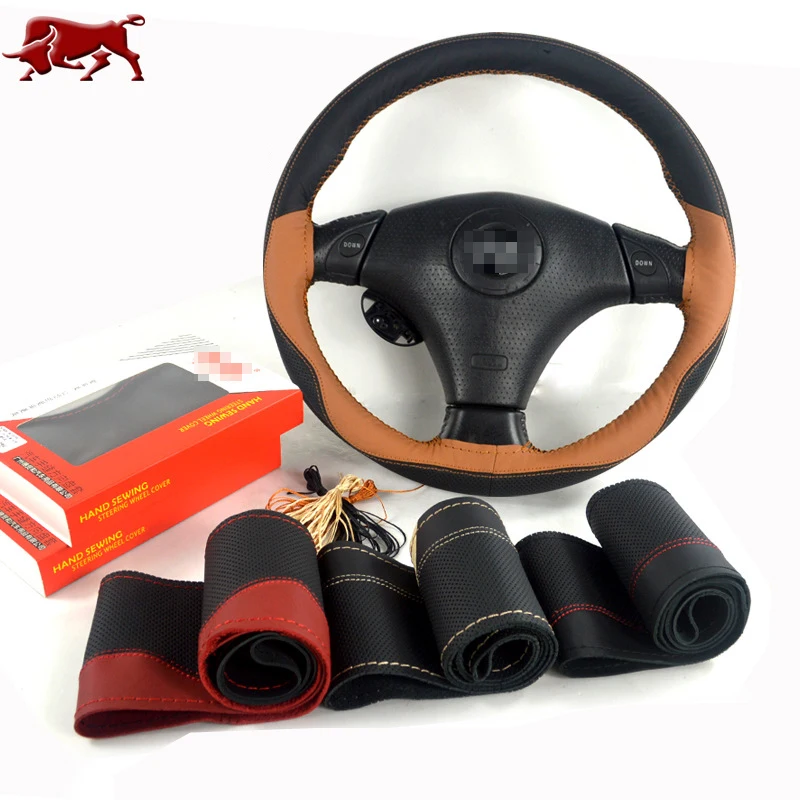 

Two-color Splicing pure cowhide Braid Steering Wheel Cover Automobile Braiding Covers Steering Wheel for Interior Accessories