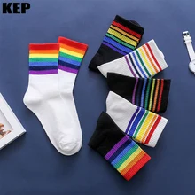 Унисекс радужные полосатые женские теплые носки красивые Kawaii удобные Harajuku повседневные рождественские хипстерские Чулочные изделия мужские носки