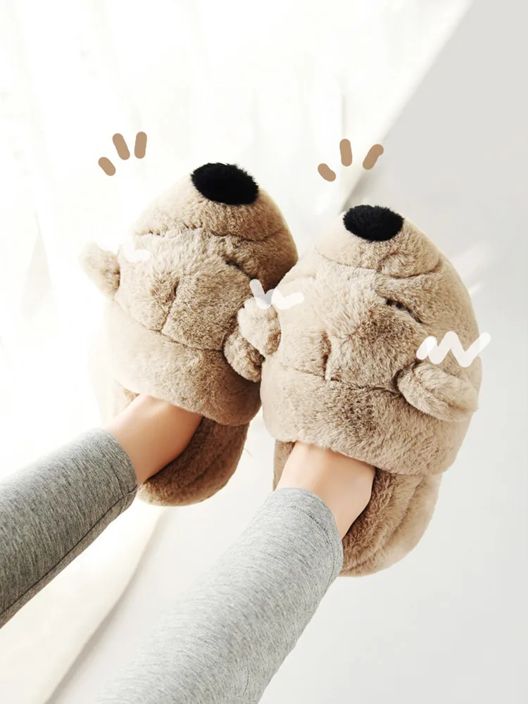 Cotton Plush Home Slippers Women's Man Winter Over Heel Home Thick Bottom Plush Indoor Lovely Cartoon Animal Anti Slip Slipper