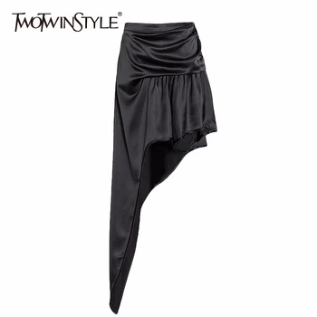 

TWOTWINSTYLE Sexy Irregular Beveled Skirt For Female High Waist Casual Knee Length Asymmetrical Skirts Women Fashion Clothes New