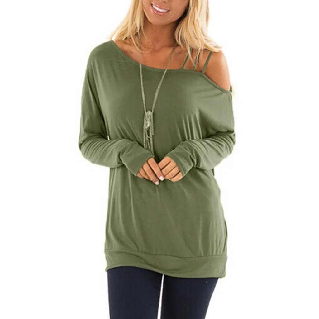 

Autumn Fashion Off Shoulder Solid Blouse Ladies Casual Loose O-Neck Basic Tee Tops Female Women Long Sleeve Shirt Blusa Pullover