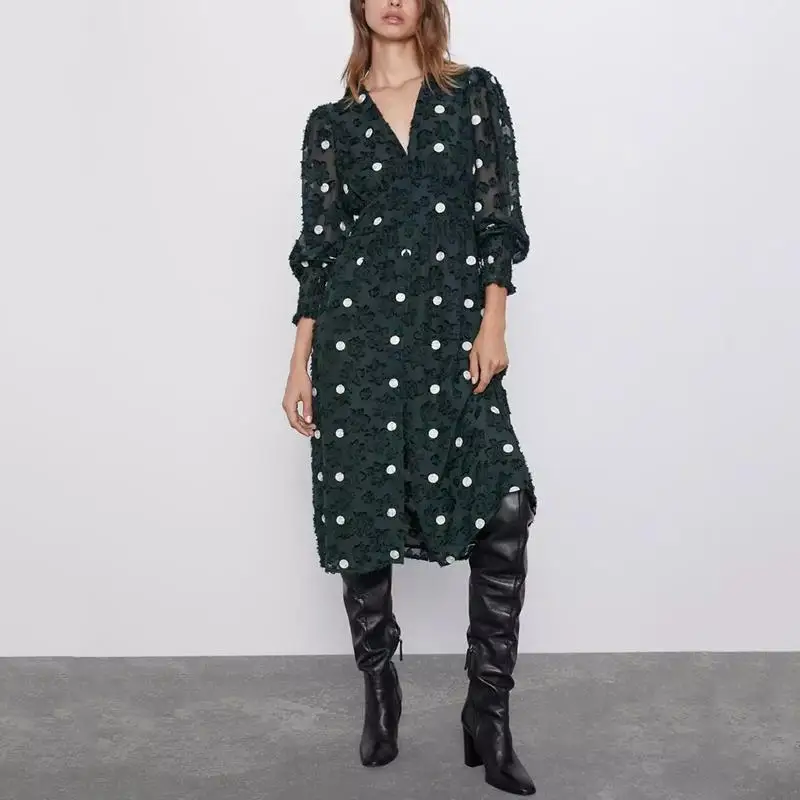 Осень 2019 элегантное платье миди с вышивкой женское корейское черное в горошек